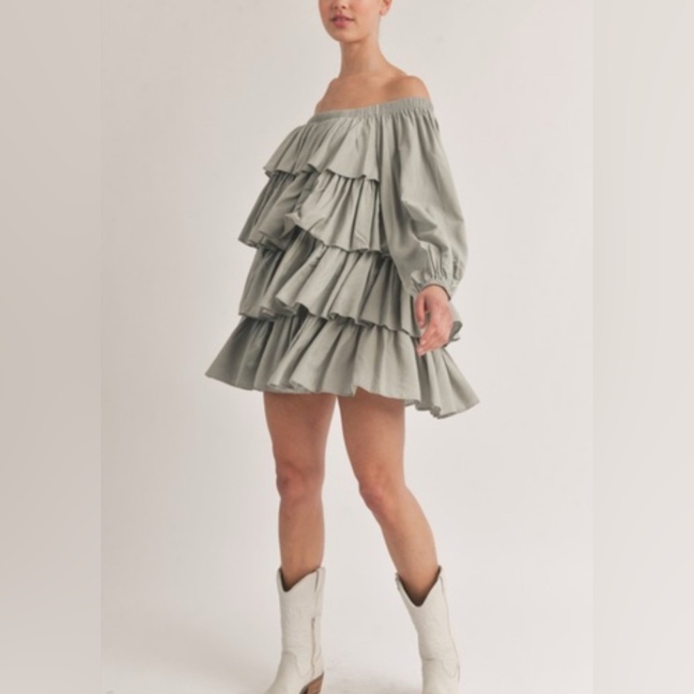 Kelsis Off-Shoulder Ruffle Dress in Sage Green, size Small